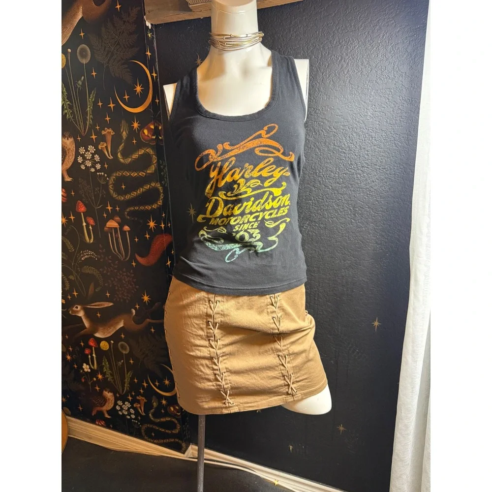 Harley-Davidson Womens Black Lace Up Back Graphic Tank Top Rainbow Logo Small